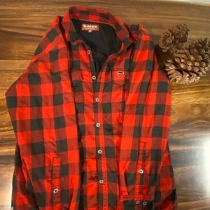 Simms size medium men’s warm red and black flannel lined